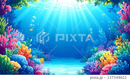 海底のサンゴと魚のフレーム 中央余白の海中背景イラスト 137349022