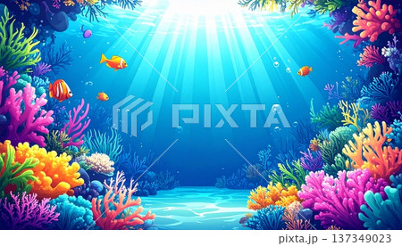 海底のサンゴと魚のフレーム 中央余白の海中背景イラスト 137349023