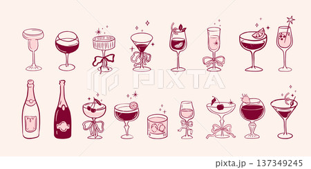 Burgundy hand drawn cocktail party set with wine glasses and champagne bottles. Retro illustrations 137349245