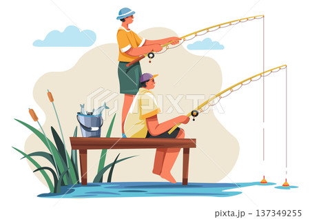 People fishing together from pier. Summer hobby leisure 137349255
