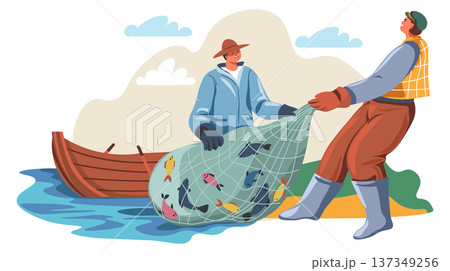 Men catch fish with net. Outdoor activity scene Men catch fish with net. Outdoor activity scene 137349256