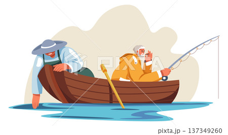River fishing. Fishers on wooden boat cartoon scene 137349260