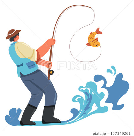 Man caught golden fish with retro spinning rod 137349261