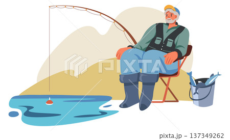 Angler fishing scene. Man sit on chair with rod 137349262