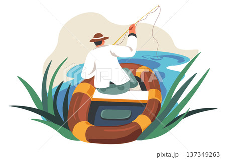 Boat fishery scene. Summer nature with man fishing 137349263