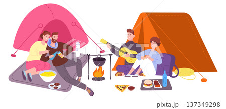 Camping tents with happy people enjoying nature leisure time 137349298