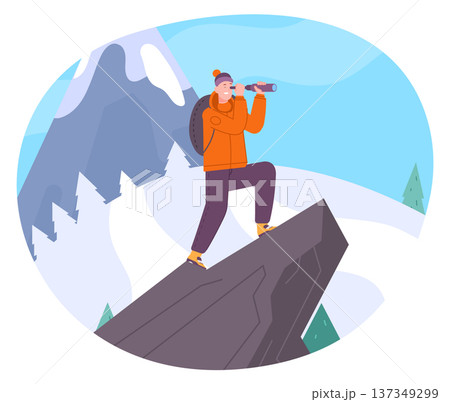 Man on cliff look at spyglass. Future vision concept 137349299