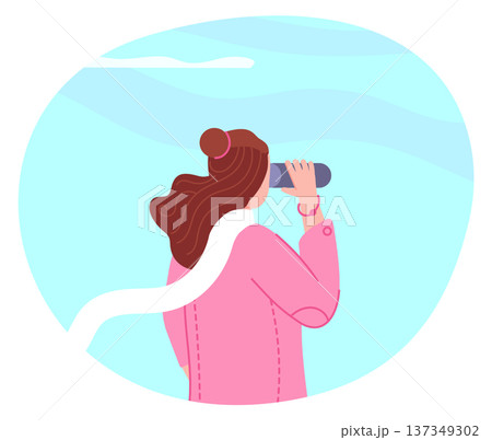 Woman look at binoculars rear view. Idea search 137349302