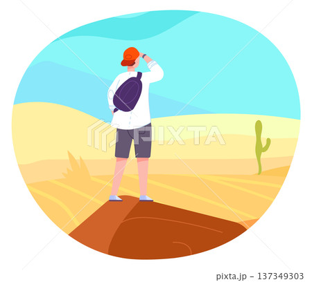 Guy look forward at desert landscape cartoon icon Guy look forward at desert landscape cartoon icon 137349303