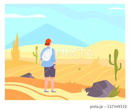 Desert traveler. Young tourist look at nature landscape Desert traveler. Young tourist look at nature landscape 137349310