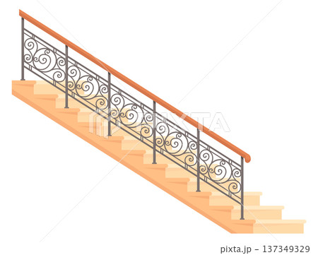 Classic stone stairs. Retro ornate handrail staircase Classic stone stairs. Retro ornate handrail staircase 137349329