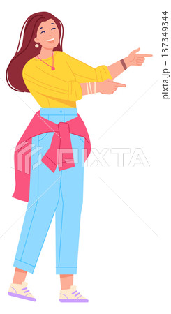 Happy woman show something with finger gesture color character 137349344