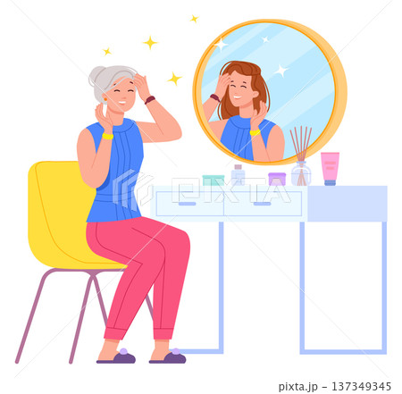 Old woman see younger self in mirror color scene 137349345