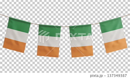String of irish flag bunting with green, white, and orange stripes hanging for st. patrick's day celebration, isolated on a transparent background String of irish flag bunting with green, white, and orange stripes hanging for st. patrick's day celebration, isolated on a transparent background 137349387