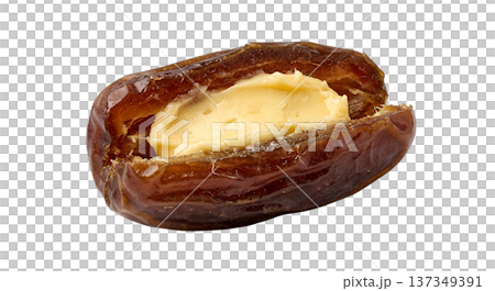 Fresh, pitted date fruit elegantly stuffed with a smooth, creamy filling isolated on transparent background Fresh, pitted date fruit elegantly stuffed with a smooth, creamy filling isolated on transparent background 137349391