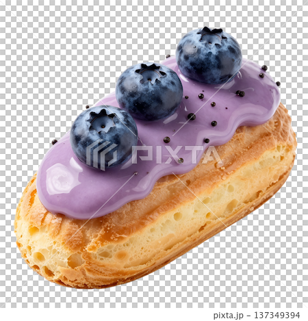 Delicious french eclair topped with glossy purple blueberry glaze, isolated on transparent background for bakery menus and patisserie design 137349394