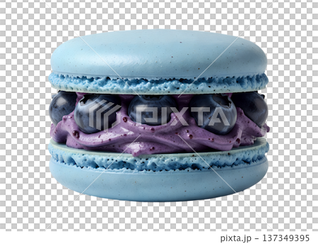 Delicious blueberry-flavored french macaron with creamy filling, isolated on a transparent background. Perfect for patisserie and dessert design Delicious blueberry-flavored french macaron with creamy filling, isolated on a transparent background. Perfect for patisserie and dessert design 137349395