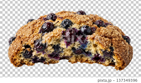 Fresh, baked blueberry scone with a bite taken out, revealing juicy berries inside, isolated on a transparent background for bakery and food concepts Fresh, baked blueberry scone with a bite taken out, revealing juicy berries inside, isolated on a transparent background for bakery and food concepts 137349396