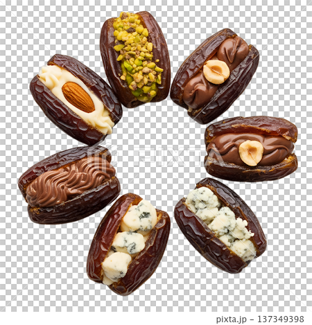 Assortment of gourmet stuffed dates on a transparent background, featuring fillings like nuts, cream cheese, and drizzled chocolate for elegant appetizers 137349398