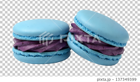 Two delicate blue french macaron cookies with a vibrant purple filling inside, isolated on a transparent background for design flexibility Two delicate blue french macaron cookies with a vibrant purple filling inside, isolated on a transparent background for design flexibility 137349399
