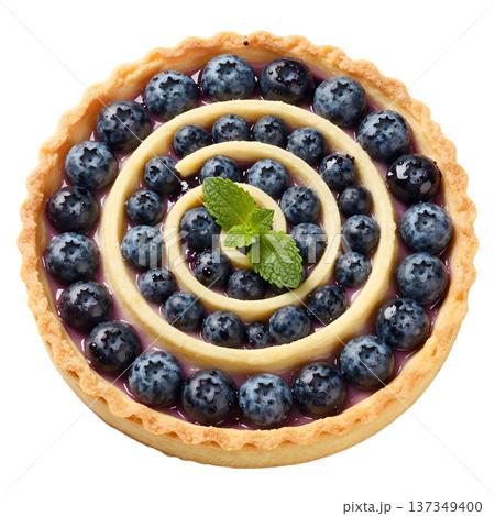 Delicious fresh blueberry tart with glazed berries and a green mint leaf, isolated on a transparent background for easy product placement and baking designs 137349400