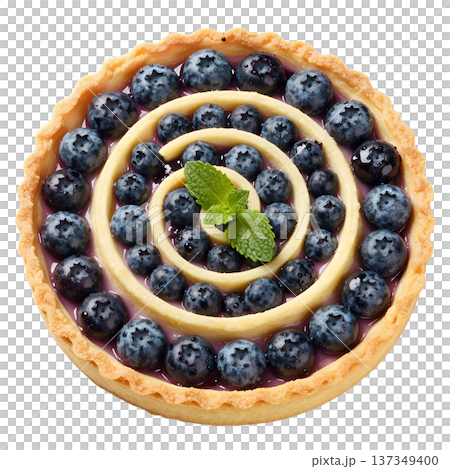 Delicious fresh blueberry tart with glazed berries and a green mint leaf, isolated on a transparent background for easy product placement and baking designs Delicious fresh blueberry tart with glazed berries and a green mint leaf, isolated on a transparent background for easy product placement and baking designs 137349400
