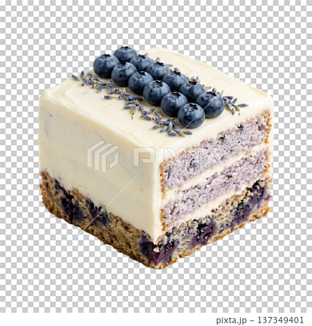 Slice of blueberry lavender cake with visible berries and lavender buds, isolated on a transparent background for baking and dessert themes Slice of blueberry lavender cake with visible berries and lavender buds, isolated on a transparent background for baking and dessert themes 137349401