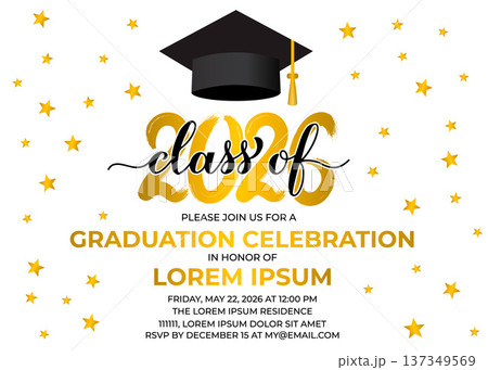 Graduation party invitation card template. Graduation celebration announcement. Class of 2026 vector illustration. 137349569