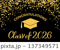 Class of 2026 banner. Gold confetti graduation party or prom decorations. Congratulations to graduates typography poster. Vector illustration. 137349571