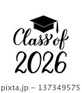 Class of 2026 lettering with graduation cap isolated on white. Congratulations to graduates typography poster. Vector template for greeting card, banner, sticker, label, t-shirt, etc. 137349575