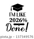 Funny graduation poster with lettering I am like 2026 percent done. Congratulations to graduates sign. Vector template for greeting card, banner, sticker, label, shirt, etc. 137349576