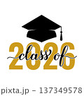 Class of 2026 lettering with graduation cap isolated on white. Congratulations to graduates typography poster. Vector template for greeting card, sticker, banner, label, shirt, etc. 137349578