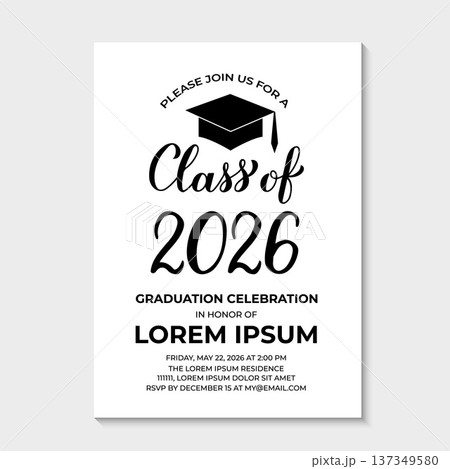 Graduation party invitation card template. Black and white grad party invite. Graduation celebration announcement. Class of 2026 vector illustration. 137349580
