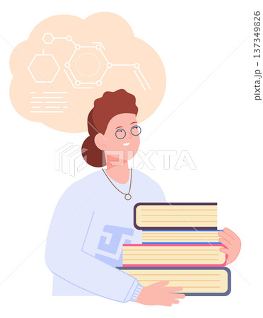 Female student. Scientist color woman character with book stack Female student. Scientist color woman character with book stack 137349826