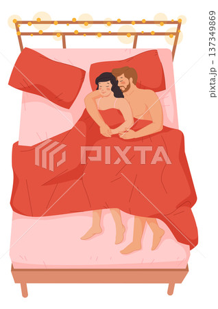 Couple cuddle in bed. Romantic bedtime. Hugging people Couple cuddle in bed. Romantic bedtime. Hugging people 137349869