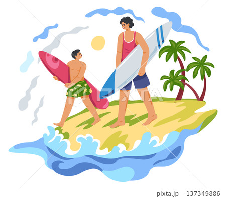 Family surf boarding on summer beach color vacation scene 137349886