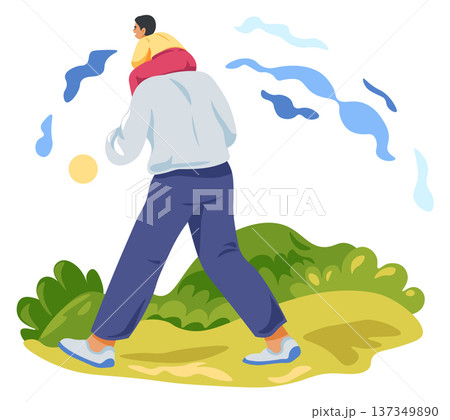 Parent kid summer travel together. Dad carry son 137349890