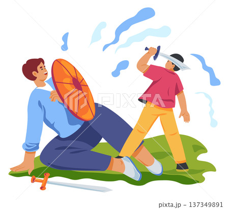 Happy dad and son playing sword game scene Happy dad and son playing sword game scene 137349891