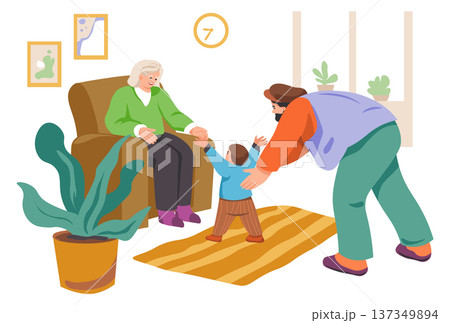 Grandfather play with kid. Happy grandchild cartoon scene Grandfather play with kid. Happy grandchild cartoon scene 137349894