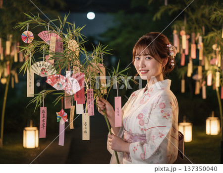 七夕祭りの夜　願いを込めてお祈り 137350040