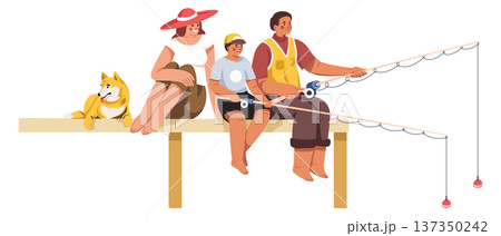 Family fishing scene. Happy parents and kid with rods Family fishing scene. Happy parents and kid with rods 137350242
