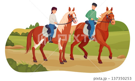 Kids ride horses. Rural nature cartoon scene Kids ride horses. Rural nature cartoon scene 137350253