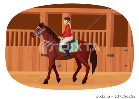 Horse stable scene. Professional jockey cartoon character 137350258