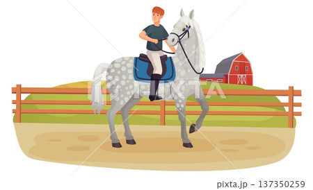 Horse ranch scene. Kid ride white stallion Horse ranch scene. Kid ride white stallion 137350259