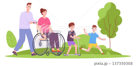 Disabled woman walking with family. Mother in wheelchair cartoon character Disabled woman walking with family. Mother in wheelchair cartoon character 137350308