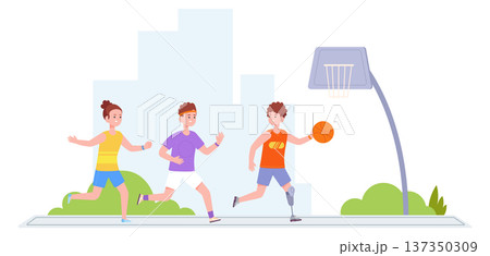 Diverse kids play basketball outdoor city scene 137350309