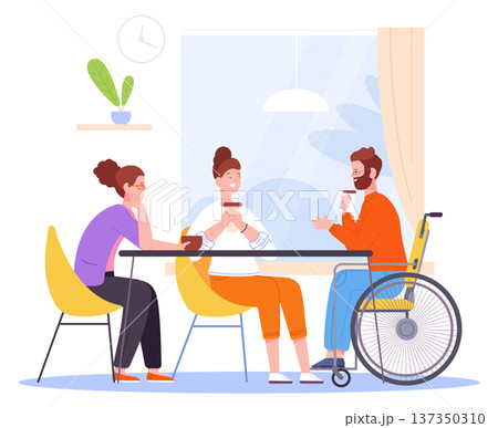 Diverse friends talk together. Wheelchair man at cafe table 137350310