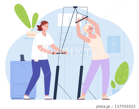 Health recovery with physiotherapy equipment. Doctor help elderly woman Health recovery with physiotherapy equipment. Doctor help elderly woman 137350323