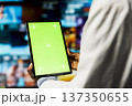 Close up of researcher analyzing human anatomy using green screen mockup tablet in front of health dashboards backdrop. Scientist using chroma key isolated screen device, analyzing medical scans 137350655