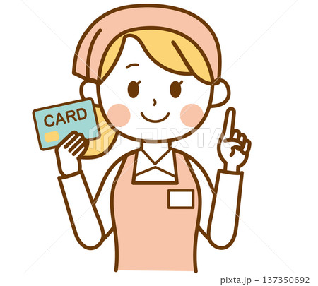 カードを持って案内するスーパーマーケット店員の女性のイラスト 137350692